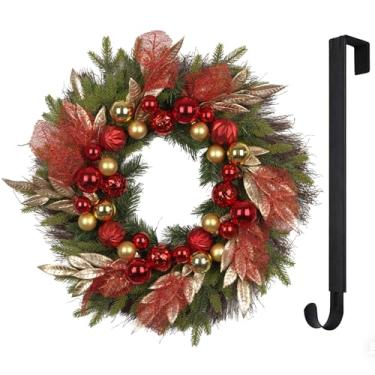 Imagem de YUGALI Guirlanda de Natal artificial pré-iluminada de 66 cm para porta da frente – Verde de pinheiro Norfolk feito à mão com decoração de bola vermelha e dourada, Natal de LED para decoração de Natal