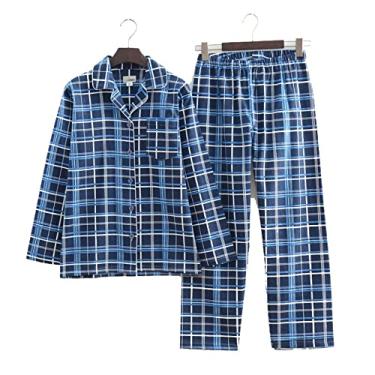 Imagem de ifgswopq Conjunto de pijama masculino casual de malha manga comprida macio e quente conjunto de pijama xadrez para homens (azul grande)