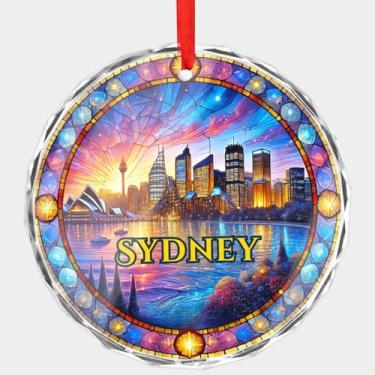 Imagem de Enfeite de cristal Sydney Austrália – Horizonte plano redondo impresso em estilo vitral com pôr do sol da Ópera e Porto – Enfeite de Natal de 7,6 cm com disco de cristal chanfrado