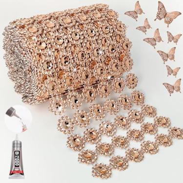 Imagem de Yhsheen Tecido de malha de strass champanhe, 10 cm x 3 jardas 6 linhas, rolo de fita brilhante para artesanato, acabamento de fita para mãe com botões 3D, 12 peças