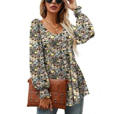 Imagem de Blusa túnica feminina LOMON com estampa floral, manga comprida e decot