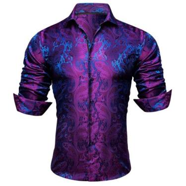 Imagem de Camisa masculina YOHOWA Paisley Floral Silk Business Roxo Azul