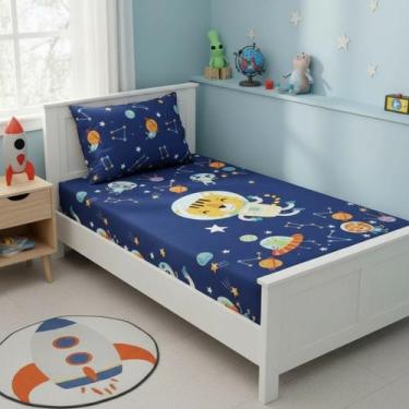 Imagem de Jogo Lençol Solteiro 2 peças Lençol Elástico Astronauta - Carinha de A