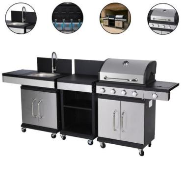 Imagem de Churrasqueira a Gás 4 Queimadores Preta Gourmet Completa com Torneira 