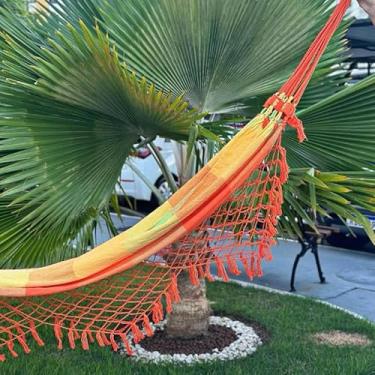 Imagem de Rede de Descanso 100% Algodão - Suporta até 180kg - Casal, Varanda e Jardim - 2,6x1,5m(Quadriculada verde e laranja)