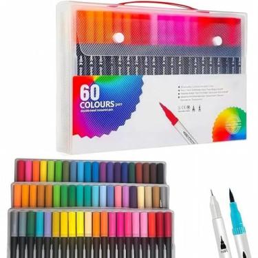 Imagem de Canetas Brush Pen e Ponta Fina 2 em 1 Kit Profissional para Lettering Caligrafia e Desenho Canetinhas Coloridas Dual Tip para Artistas Estudantes e Adultos (60 cores)