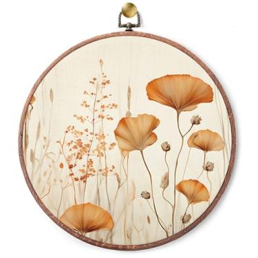 Imagem de heiyihe Decoração de arte de parede de folhas de outono, impressão de arte de parede em tela redonda retrô de outono para casa de fazenda, quarto, decoração de ação de graças (25,4 x 25,4 cm)-A08