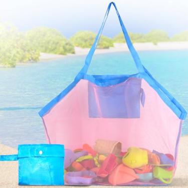 Imagem de Bolsa de praia de malha dobrável bolsa de areia para brinquedos de areia bolsa de ombro grande para organizador de brinquedos de areia, rosa