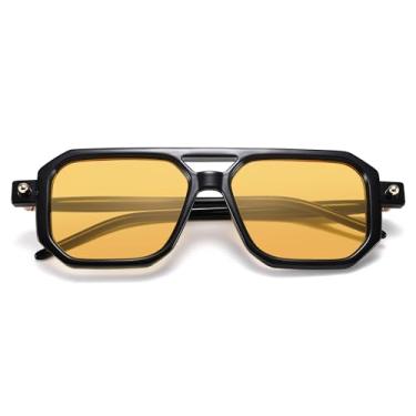 Imagem de Óculos de sol vintage quadrados planos aviador para mulheres – Óculos de sol masculinos retrô estilo anos 70 armação verde, Preto/laranja, Medium