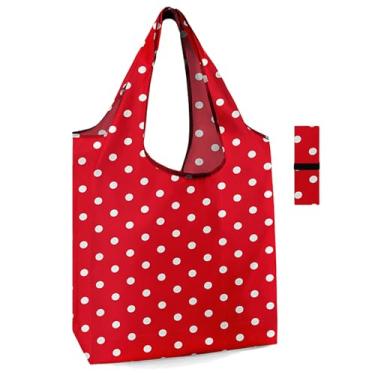 Imagem de Sacolas de compras reutilizáveis de Natal com pontos vermelhos, sacolas de compras reutilizáveis a granel com faixa elástica, dobrável, lavável na máquina, para presentes de Natal