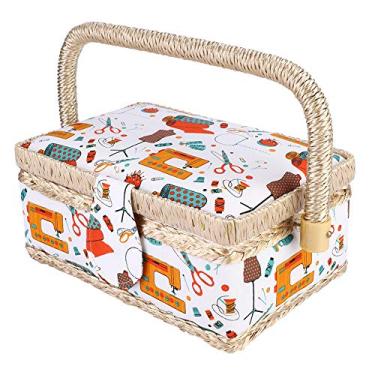 Imagem de Yctze Organizador de Cesta de Costura Artesanal - Caixa de Armazenamento de Linha e Agulha de Camada Dupla Com Alça Confortável para Artesanato Em Tecido