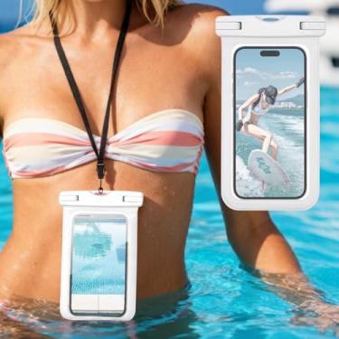 Imagem de Bolsa de telefone universal à prova d'água com cordão flutuante bolsa seca para natação, snorkel, rafting, praia, caiaque, branca