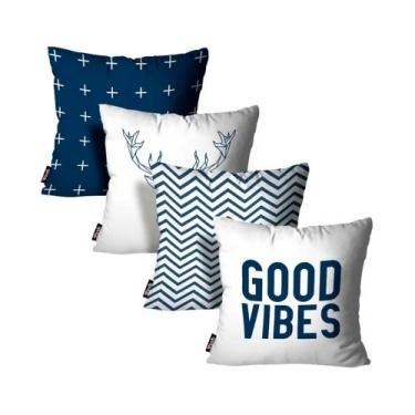 Imagem de Kit 4 Capas de Almofadas Good Vibes Branco e Azul - mdecore