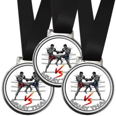 Imagem de Kit 15 Medalhas Para Muay Thai de Torneio de Luta Campeão Artes Marciais 50mm Com Fita Preta