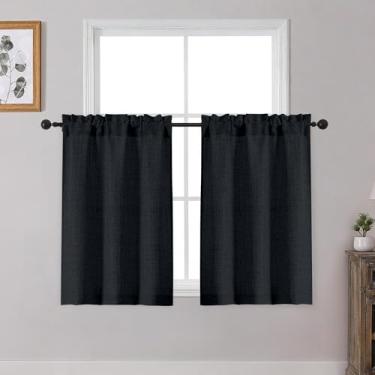 Imagem de OWENIE Cortinas Black Cafe 91 cm de comprimento, conjunto de 2 painéis, cortinas de cozinha curtas texturizadas com filtragem de luz sobre a pia, camada de cortina de janela pequena para armário