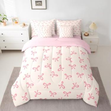 Imagem de Feelyou Conjunto de edredom com laço rosa, 7 peças, tamanho casal, fofo, kawaii, para crianças, meninos, meninas, laço e nó em uma bolsa, decoração de quarto feminino, microfibra leve e macia