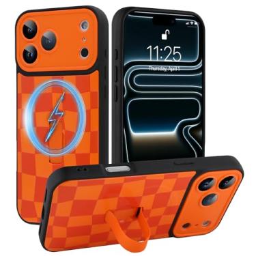 Imagem de SOKAD Capa quadriculada magnética para iPhone 17 Pro com suporte de alça de dedo, compatível com Magsafe, lindo tabuleiro de xadrez projetado para mulheres e homens, capa de proteção completa para