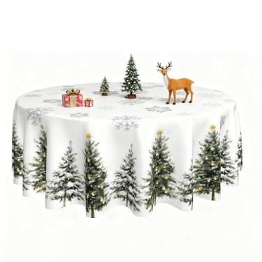 Imagem de Xumuyin Toalha de mesa redonda para férias de inverno, branca com padrão de árvore de Natal, impermeável, resistente ao calor, 152 cm, design de floco de neve para cozinha, jantar, decoração de festa