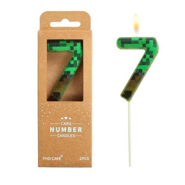 Imagem de PHD CAKE Velas de aniversário de 7 pixels, número 7 pixels, velas verdes com número de mineiro, velas com número de bolo, celebração de festa, vela estilo