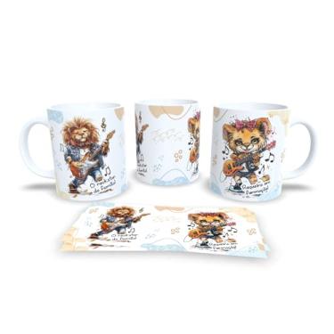 Imagem de Caneca de Cerâmica com Leão Roqueiro, Design Artístico, Estampa Musical em Jeans, Xícara para Café e Chá, 325ml (18804)