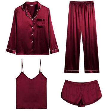Imagem de Conjunto de pijama feminino SWOMOG Satin, 4 peças de vinho tinto taman