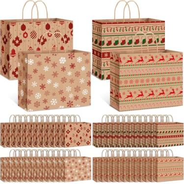 Imagem de Gueevin 48 sacos de presente de Natal Kraft com alça 30 x 25 x 11 cm grandes sacos de presente de Natal com estampa de meias de alce de floco de neve para presente de festa de Natal