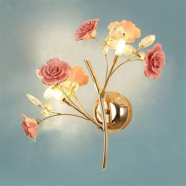 Imagem de Luminária de parede contemporânea em cerâmica com flor de rosa, LED, estilo campestre francês, criativa, para sala de estar, restaurante, quarto, menina, casa de campo, corredor, cabeceira (
