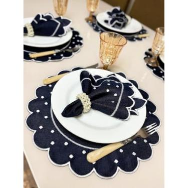 Imagem de Conjunto de 12 jogos americanos estilo americano Jogos americanos para uma mesa de jantar para 6 pessoas Arranjo de mesa Guardanapos redondos Mesa de jantar(Marinho Bolinhas Brancas)