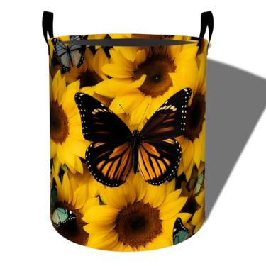 Imagem de amepay Cesta de lavanderia de girassol, pano Oxford dobrável com estampa de borboleta, cesto de roupas sujas à prova d'água com alças, organizador de brinquedos para banheiro, quarto, dormitório, 50 x
