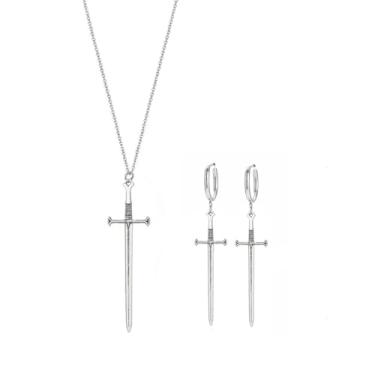 Imagem de Conjunto de brincos de colar de cruz de espada punk, retrô, longo, com pingente, faca, punhal, vintage, prata, espada, argola, brincos góticos, conjunto de joias para homens e mulheres, acessórios de