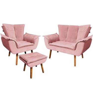 Imagem de Conjunto Poltrona Puff E Namoradeira Pés Palito Charger Suede Rosê G19 - Gran Belo