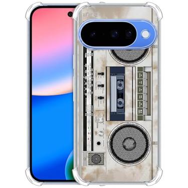 Imagem de GlamCase Capa transparente para Google Pixel 10 - Design vintage de gravador de cassete de rádio impresso à prova de choque capa traseira de TPU transparente designer para Google Pixel 10