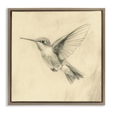 Imagem de Stupell Industries Arte de parede vintage beija-flor cinza emoldurada em tela flutuante, design por Petal Prints Design, 45 x 45 cm