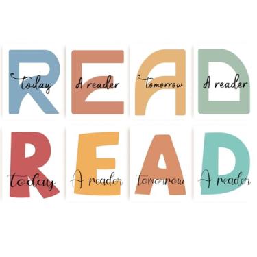 Imagem de INFUNLY Conjunto de impressões de arte de parede de leitura de 8 peças, decoração de sala de aula, pôster de 20 cm × 25 cm, tela neutra sem moldura, impressões, arte de parede estética para biblioteca