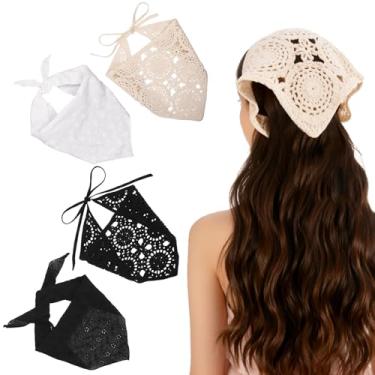 Imagem de JATEBI 4 lenços femininos de renda floral, cabeça triangular, bandanas ajustáveis para festival de música, praia, viagens (preto, branco, bege)