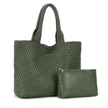 Imagem de K.EYRE Bolsas de tecido para mulheres extragrande moda bolsa de couro tecida bolsa de praia designer bolsas de trabalho para mulheres 2 peças, D. verde, Large