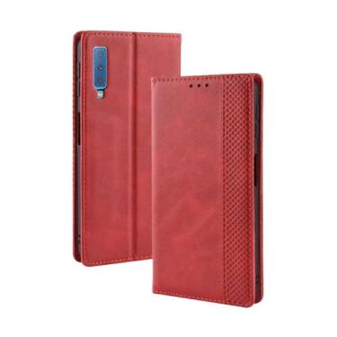 Imagem de Capa para Samsung Galaxy A7 2018,Retro Flip magnético,Caso de telefone de couro PU,Design de carteira com 3 slots de cartão e 1 clipe de dinheiro -Red