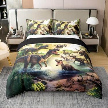 Imagem de Erosebridal Capa de edredom de dinossauro 100% algodão solteiro animais selvagens | Jogo de cama botânico para caça na selva, árvores, conjunto de cama botânica, 2 peças
