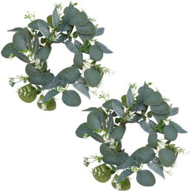 Imagem de SOFPLATE 2 peças de guirlandas verdes de eucalipto de 30 cm, grinalda de fazenda com flores brancas, pequenas folhas artificiais, anéis de vela para primavera, verão, Natal, guirlanda para armário de