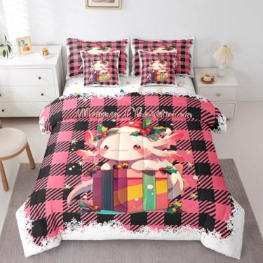 Imagem de Axolotl Jogo de cama casal e edredom, tritão, peixe andando, 7 peças, ornamentos de Natal, cama geométrica, cama em uma bolsa, animal anfíbio, salamandra, decoração de quarto preto e rosa