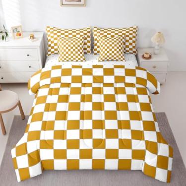 Imagem de Erosebridal Jogo de cama solteiro xadrez branco amarelo com 7 peças, lençol com estampa de buffalo, quadriculado, para crianças, adolescentes e adultos, conjunto de cama geométrico, guingão