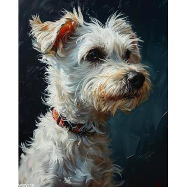 Imagem de WUIVCTR Kit de pintura DIY por números para adultos iniciantes, maltês lambendo a pata, kit de pintura por números para cães para adultos, 41 x 50 cm, brilhante