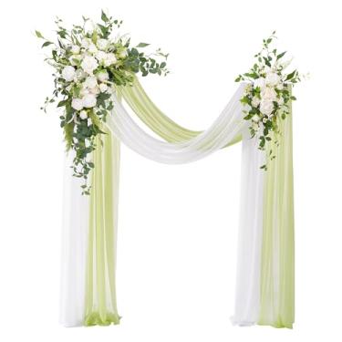 Imagem de Angela flower Kit de flores de arco de casamento de luxo com cortinas, pacote com 4, 2 peças de folhas de menta brancas verdes e arranjos de flores de seda para pendurar 2 peças de cortinas de chiffon