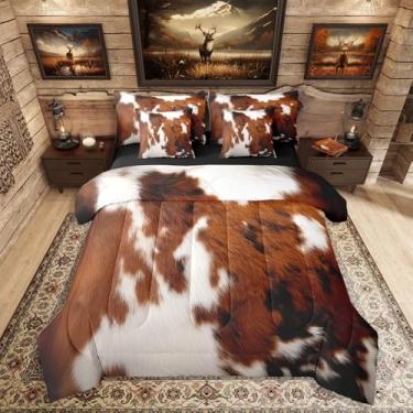 Imagem de Erosebridal Jogo de cama solteiro de couro bovino marrom com estampa de vaca estilo ocidental, 7 peças, lençol de fazenda de caubói para crianças, adolescentes, adultos, homens, decoração de quarto