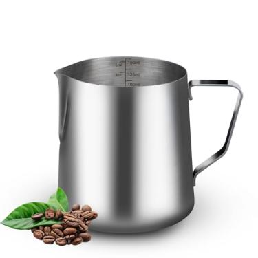 Imagem de WELKOR Jarro de espumador de leite de 141.7 g de aço inoxidável para expresso, cappuccino e café, resistente ao calor, bico sem gotejamento, balança de medição, pode ser lavada na lava-louças (150 ml)
