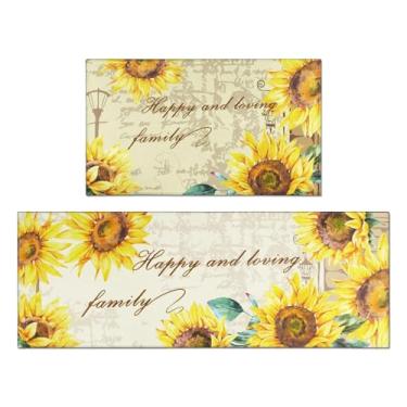 Imagem de Echoutemun Conjunto de 2 tapetes de cozinha com girassol - Boho Farmhouse, antiderrapante, lavável, para decoração de chão, cozinha, lavanderia, escritório e casa de férias, decoração de tapete de