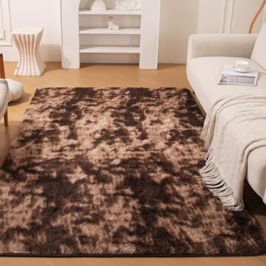 Imagem de ThreadGlobe Tapete felpudo premium 1,2 m x 1,8 m, tapete de pelúcia marrom tie-dye ultra para sala de estar, tapete antiderrapante para quarto e berçário, decoração de piso luxuoso de toque suave