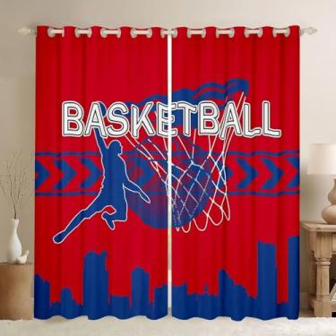 Imagem de Cortinas de janela de basquete, basquete atleta moderno esporte bola jogo vermelho azul cortina de janela para quarto, silhueta de cidade americana cortinas Detroit de 2 painéis para adultos