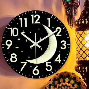 Imagem de Relógio de parede de lua brilhante com disco de vinil - Relógio de quartzo silencioso sem tique-taque com números fluorescentes 3D, presente de música vintage para casa, quarto, decoração de estúdio