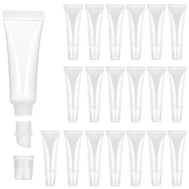Imagem de GTILE 20 tubos de brilho labial transparentes de 10 ml, tubos de protetor labial vazios com tampa transparente, tubos de compressão cosméticos macios recarregáveis para bálsamo de brilho labial faça